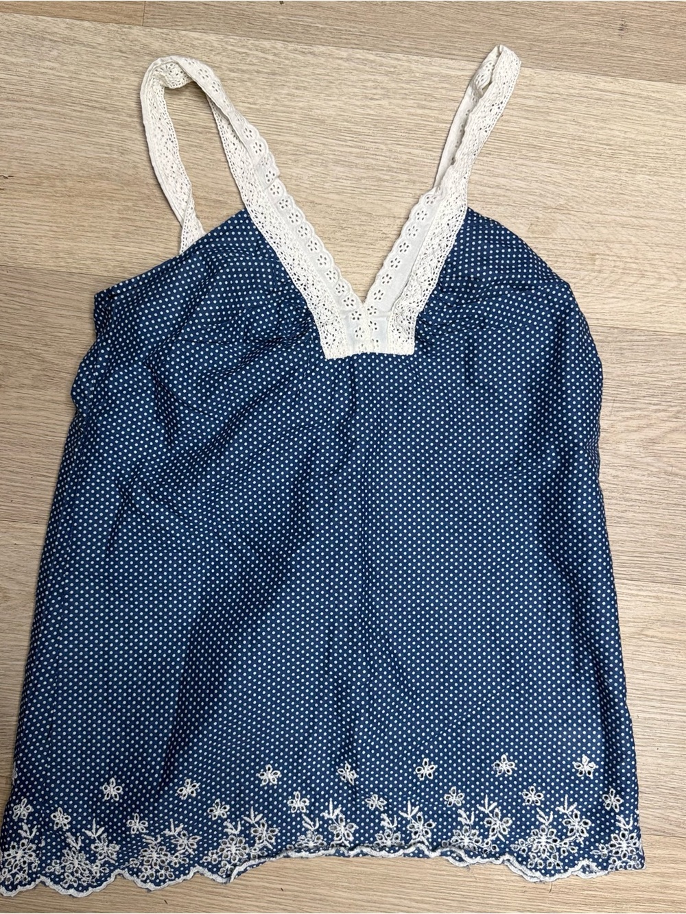 Vintage Navy Blue Polka Dot Cami Top White Lace Trim Y2K Cottagecore